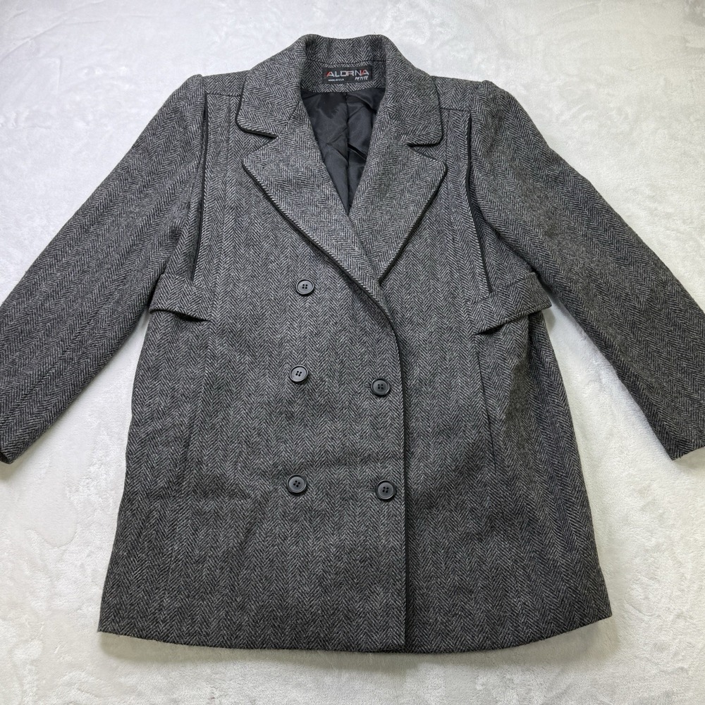 Vintage Alorna Petite USA Made Gray Herringbone Double Breasted‎ Peacoat Jacket